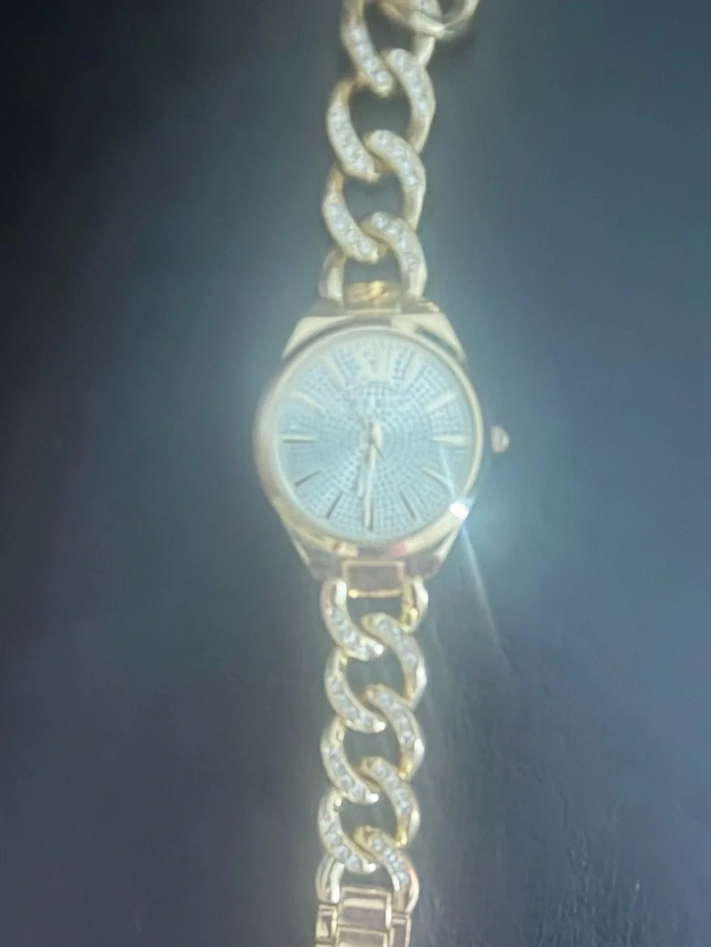 True Religion Iced link chain Gold Tone Crystal Accent Chain-Link Women's Watch